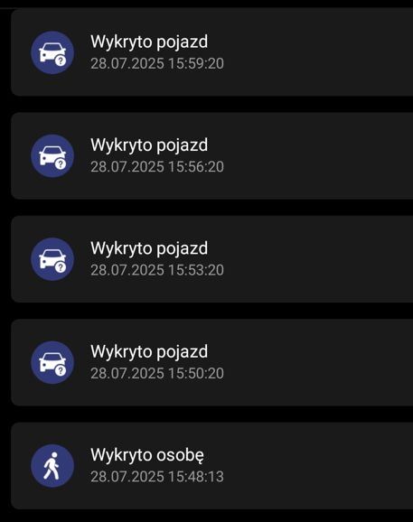 Lista powiadomień: wykryto pojazd i osobę z datami i godzinami