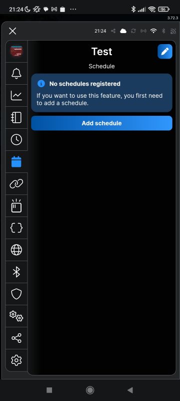 Shelly app screen showing empty schedule tab and an option to add schedule