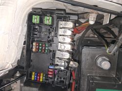 Car fuse box with various colored fuses and wires.