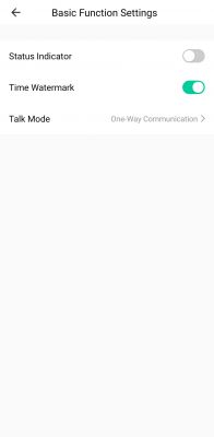 Screenshot of the basic function settings in the Tuya mobile app for a camera.