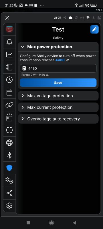 Shelly app screen showing power protection limit set to 4480 W