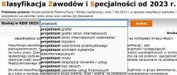Widok ekranu wyszukiwarki zawodów z listą zawodów zaczynających się na projektant.