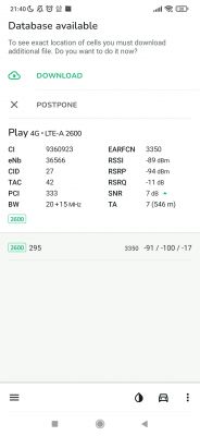 Zrzut ekranu z aplikacji testującej łączność LTE, pokazujący dane sieci Play 4G na częstotliwości 2600 MHz.