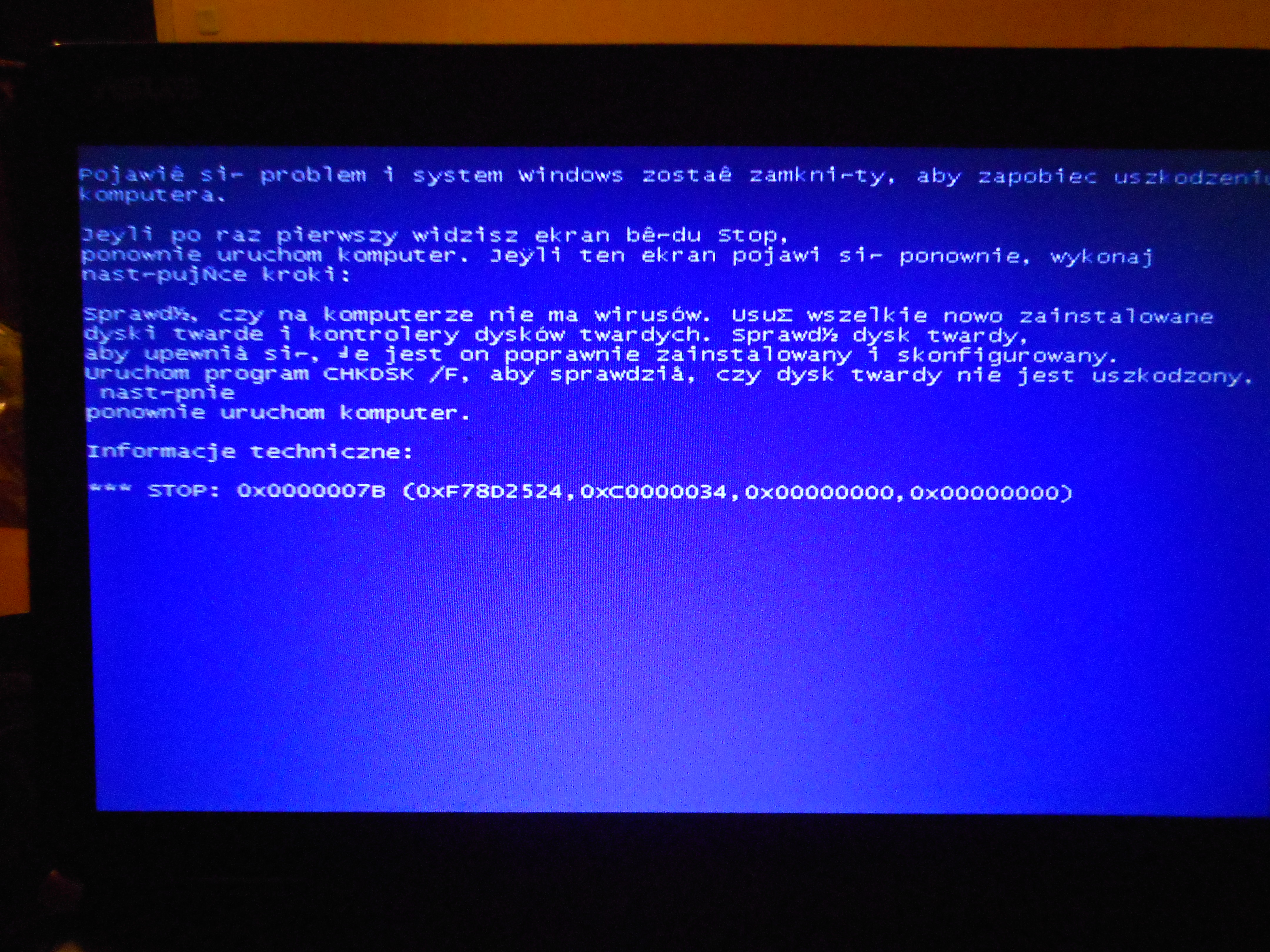 Asus K50IJ Blue screen po starcie Widnowsa prosi o sprawdzenie dysku