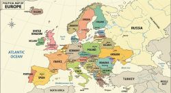 Mapa polityczna Europy z granicami państw oraz podpisanymi krajami i stolicami