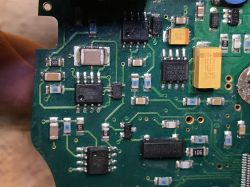 Close-up of a PCB with various electronic components.