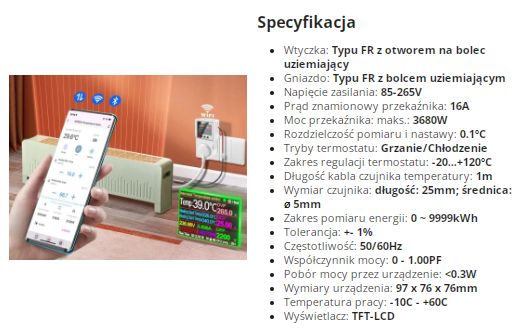 Plug-in Energy Meter with LCD Screen and Temperature Sensor Plug-in energy meter with an LCD display, controlled via a mobile app.
