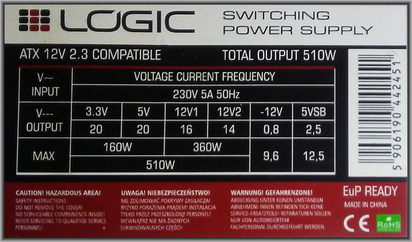 Logic ATX 12V 2.3 Compatible 510W rozpoznanie elementu SDC7500