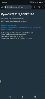 OpenBK interface with a message about connecting to WLAN and a request for module reset.