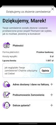Podsumowanie zamówienia online z podziękowaniem dla Marka.