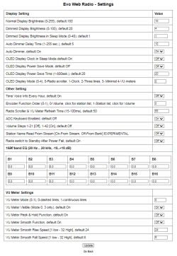 Evo Web Radio settings panel with various display and sound configuration options