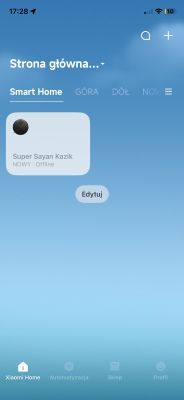 Ekran aplikacji Xiaomi Home z kafelkiem odkurzacza „Super Sayan Kazik” ze statusem „Offline”.