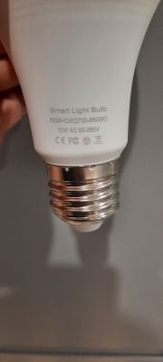 White Smart Light Bulb with metal base, labeled RGB+CW and 10W power rating.