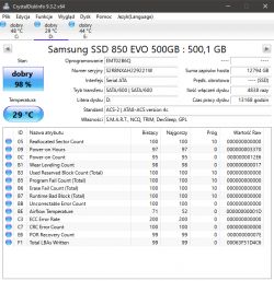 Zrzut ekranu z programu CrystalDiskInfo pokazujący szczegóły dysku SSD Samsung 850 EVO 500GB
