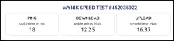 Zrzut ekranu z wynikami testu prędkości internetu: ping 18 ms, pobieranie 12,25 Mb/s, wysyłanie 16,37 Mb/s.