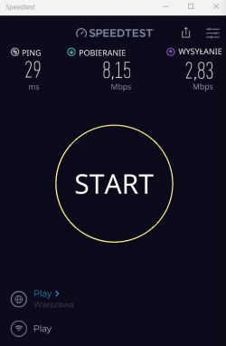 Zrzut ekranu testu prędkości internetu z aplikacji Speedtest, pokazujący ping 29 ms, pobieranie 8,15 Mbps i wysyłanie 2,83 Mbps.