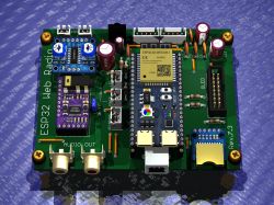 3D render of a PCB with ESP32‑S3‑WROOM‑1 module, PAM8406 amplifier, OLED header, and audio RCA outputs