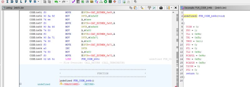 Ghidra screenshot showing disassembled 8051 code and decompiled function view