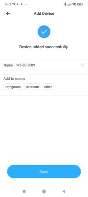 Smart home app screen showing Device added successfully and the option to assign the device to a room.