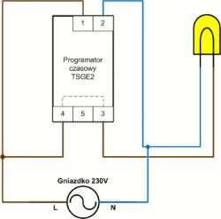 Schemat połączenia programatora czasowego TSGE2 z gniazdkiem 230V i żarówką.