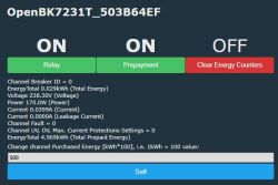 User interface displaying voltage, power, and current data for the OpenBK7231T device.