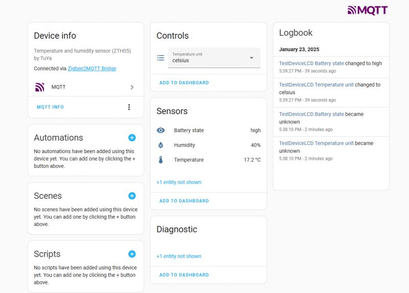Screenshot of Zigbee2MQTT interface in Home Assistant showing device information and logbook.