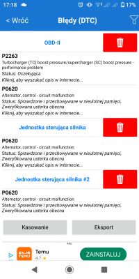 Zrzut ekranu aplikacji diagnostycznej z błędami P2263 i P0620.