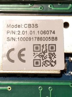 CB3S Wifi Module with Serial Number and QR Code Close-up of the CB3S wifi module with model number, P/N, S/N, and QR code.