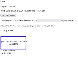 OTA update screen with LN882H chipset and selected file OpenLN882H_1.17.822_OTA.bin