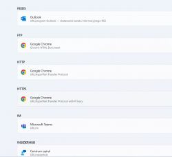 Ustawienia domyślnych aplikacji z Google Chrome jako przeglądarką dla różnych protokołów.