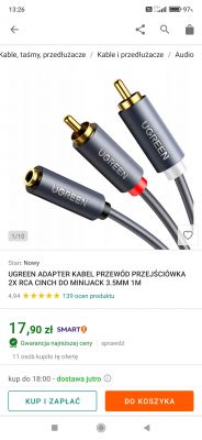 Adapter UGREEN z dwoma wtykami RCA i gniazdem mini jack 3,5 mm.
