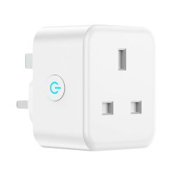 White UK smart plug with side blue-lit power button