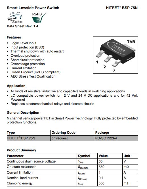 Infineon HITFET BSP 75N datasheet with features and parameter table