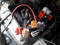 Zestaw złączy elektrycznych i przewodów w komorze silnika.