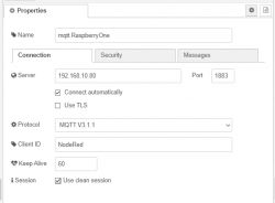 MQTT connection configuration in Node-RED with IP address 192.168.10.80.
