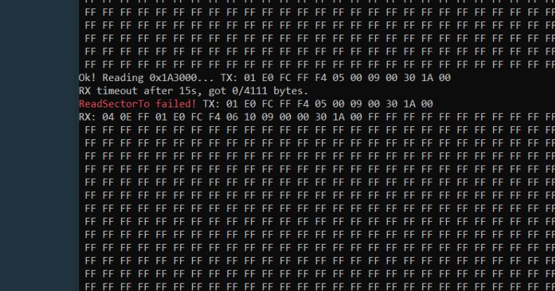 Screenshot showing data transmission errors and hexadecimal memory readout