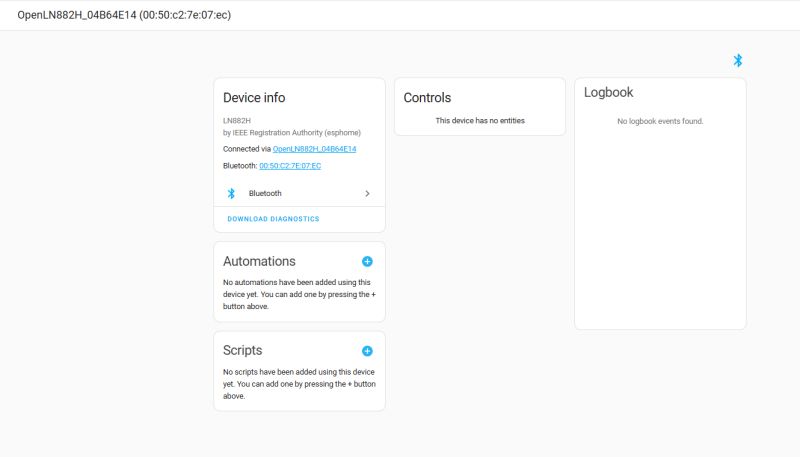 Screenshot of OpenLN882H device page showing Bluetooth info and empty Controls and Logbook sections