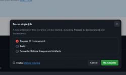 Dialog window with the option to rerun a job in the CI/CD workflow.