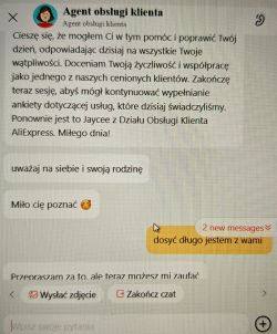 Zrzut ekranu z rozmowy z agentem obsługi klienta AliExpress.