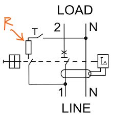 RCBO schematic showing the connection of a resistor to the L line and TEST button.