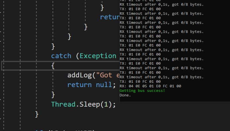 C# application with successful UART over Wi-Fi log Screenshot showing C# code and UART log with “Getting bus success!” message in green