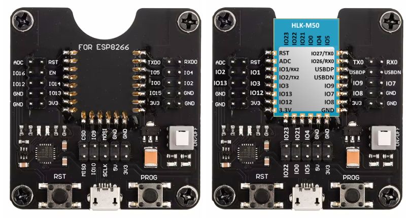 Two breakout boards with labeled pins and connectors, one with HLK-M50 module installed.
