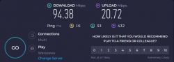 Zrzut ekranu z wynikami testu prędkości internetu pokazujący pobieranie 94,38 Mbps i wysyłanie 20,72 Mbps.