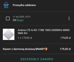 Zrzut ekranu z aplikacji z informacją o odbiorze anteny LTE-A/4G 17dBi