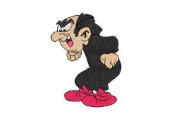 Cartoon character in a black outfit with red shoes, shown in side profile