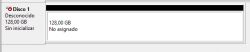 Screenshot showing an unknown 128 GB disk that is not initialized or assigned.