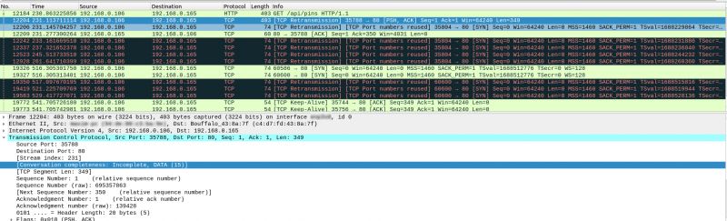 Screenshot of Wireshark showing TCP packets between IP addresses.