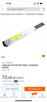 Zasilacz HP HSTNS-PR16 2450W leżący na białym tle, widoczna żółta etykieta.