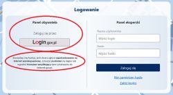 Ekran logowania z dwoma panelami: po lewej Panel obywatela z przyciskiem Login.gov.pl, po prawej Panel ekspercki z polami do wpisania loginu i hasła.