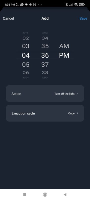 Schedule Settings in App App screen displaying schedule settings for turning off a light.